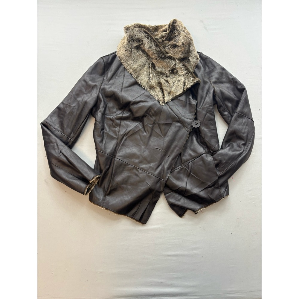 Spiegel Faux Leather Jacket Brown Faux Fur Collar Asymmetric Size 10 P0819